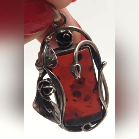 Baltic Amber Sterling Silver Art Nouveau Floral Pendant Vintage - Picture 14 of 16